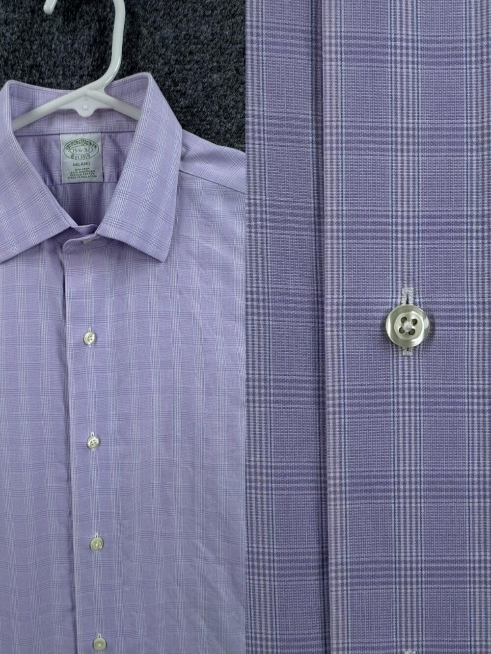 Brooks Brothers Check Purple Supima Men 15.5 32 Cotton Milano Non-Iron Button Up